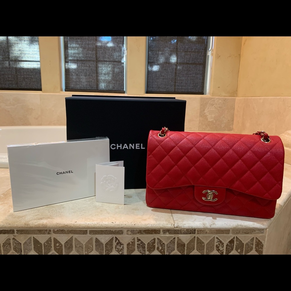 Red Chanel Jumbo caviar leather